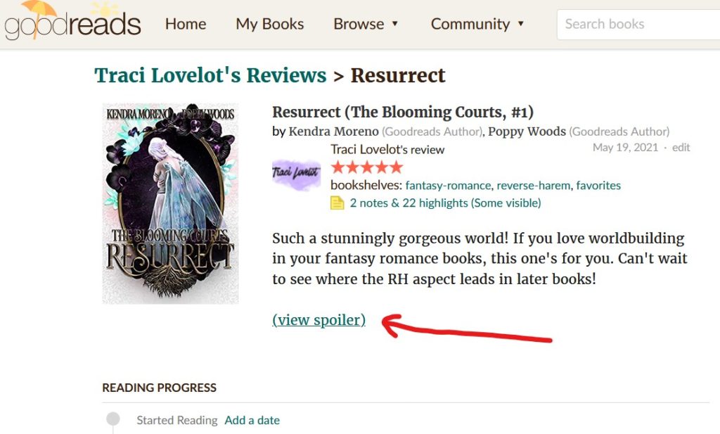 Book with a review and the spoiler hidden on Goodreads