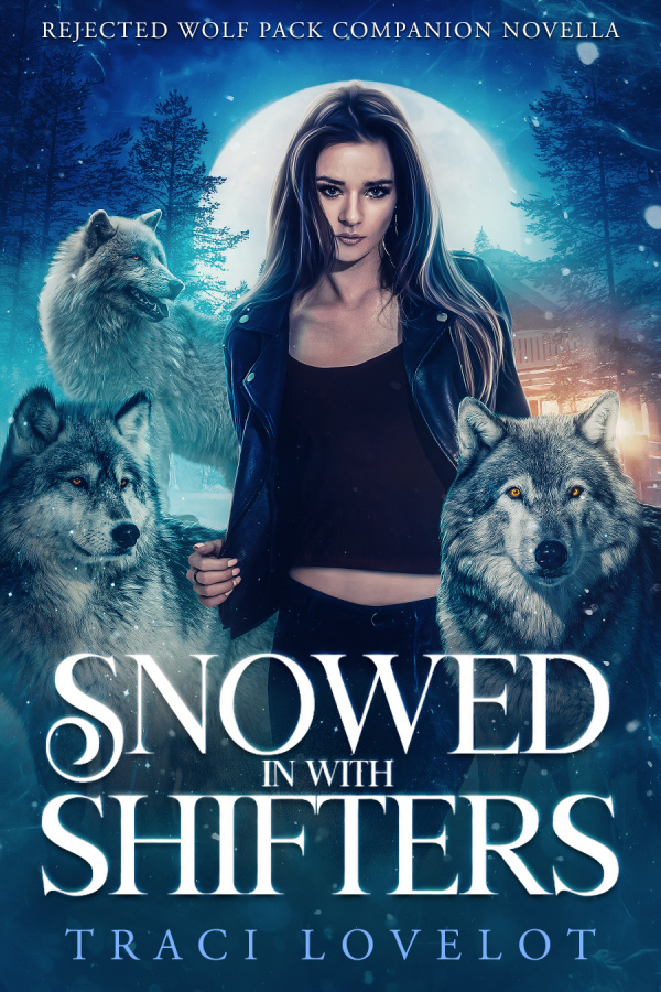 Snowed in with Shifters novella cover which shows a girl with long dark hair stood infront of a forest cast in the glow of the moon, with three wolves surrounding her.