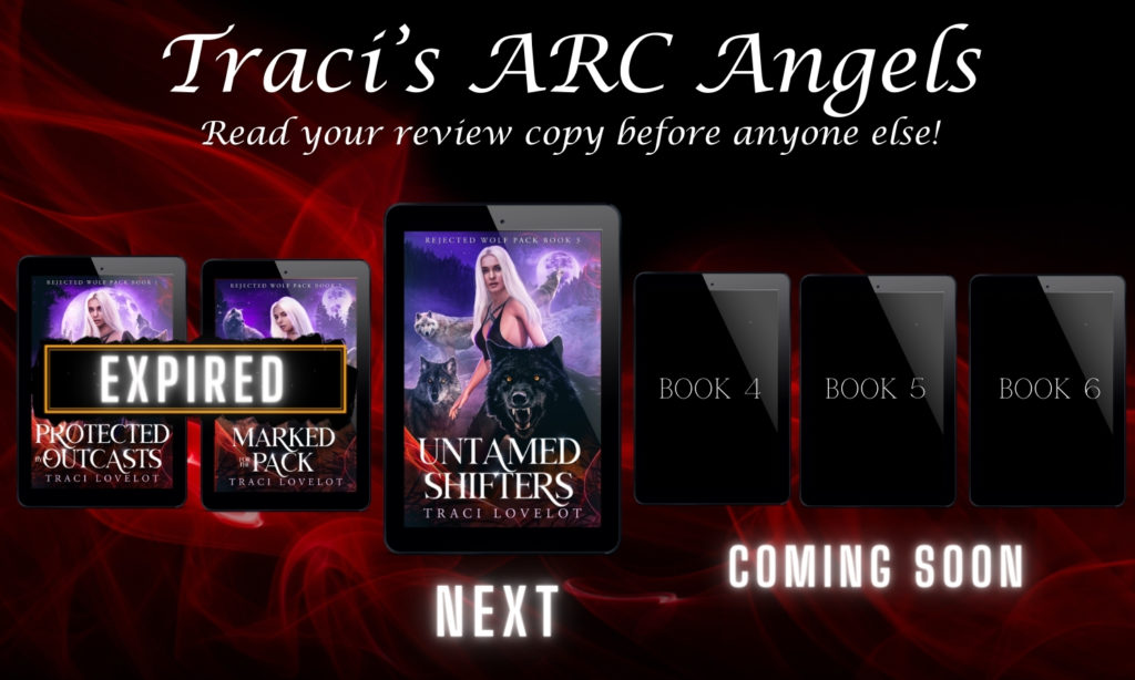 Rejected Wolf Pack series graphic highlighting Book 3: Untamed Shifters by Traci Lovelot. Showing covers one, two and three of the series which have huge alpha wolves and the female main character, Freya.