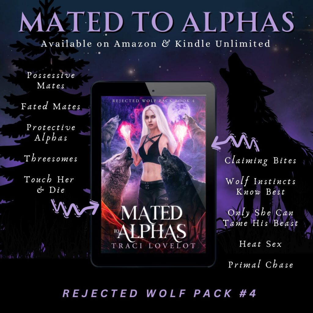 Mated to Alphas shows Freya surrounded by her four alpha wolves as magic swirls around them