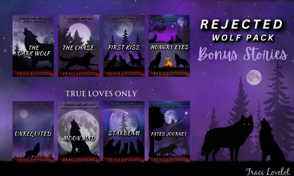 Read all eight bonus stories from the Rejected Wolf Pack series: The Dark Wolf, The Chase, First Kiss, Hungry Eyes, Unrequited, Moon Mad, Starbeam, Fated Journey