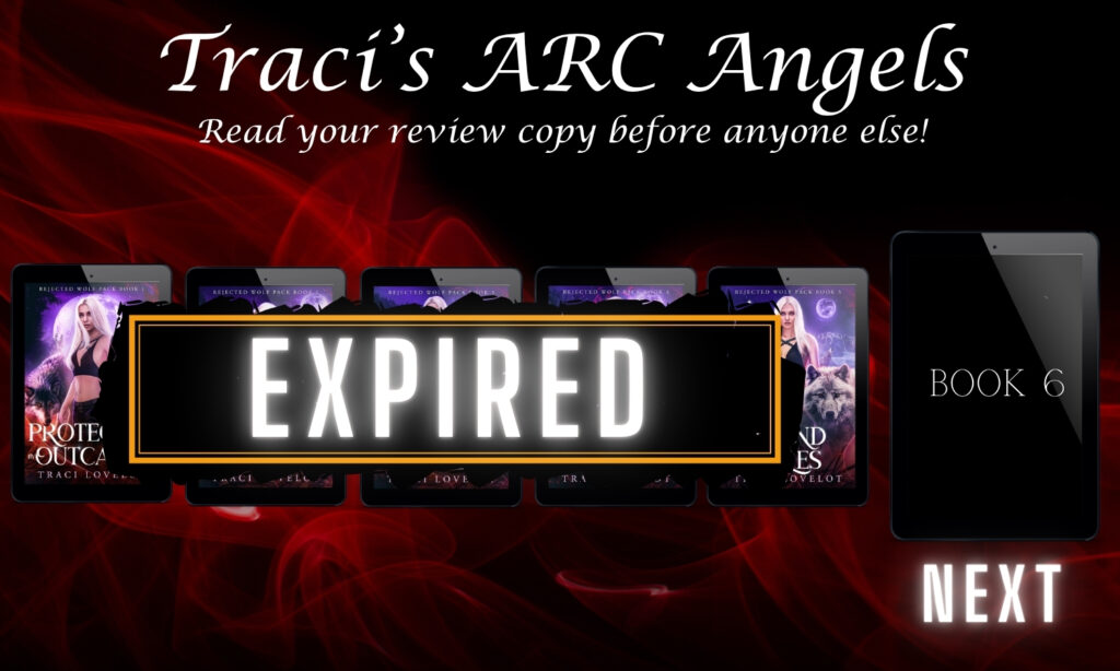 Rejected Wolf Pack series graphic highlighting Book 6 by Traci Lovelot. Showing books one, two, three, four and five of the series as expired, and book six, as coming next.