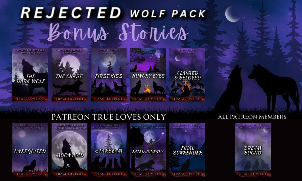 Read all eleven bonus stories from the Rejected Wolf Pack series: The Dark Wolf, The Chase, First Kiss, Hungry Eyes, Unrequited, Moon Mad, Starbeam, Fated Journey, Final Surrender, Dream Bound and Claimed & Beloved