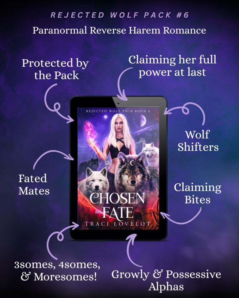 Chosen by Fate features a paranormal reverse harem romance with fated mates, claiming bites, claiming her full power, and more