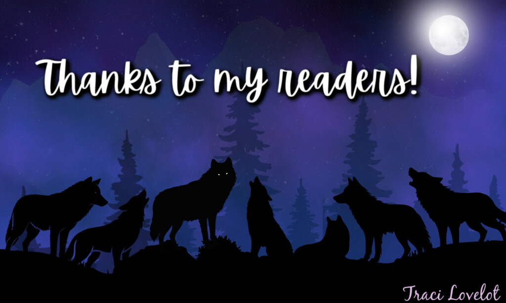Thank you to my readers! Image shows seven wolves under a full moon
