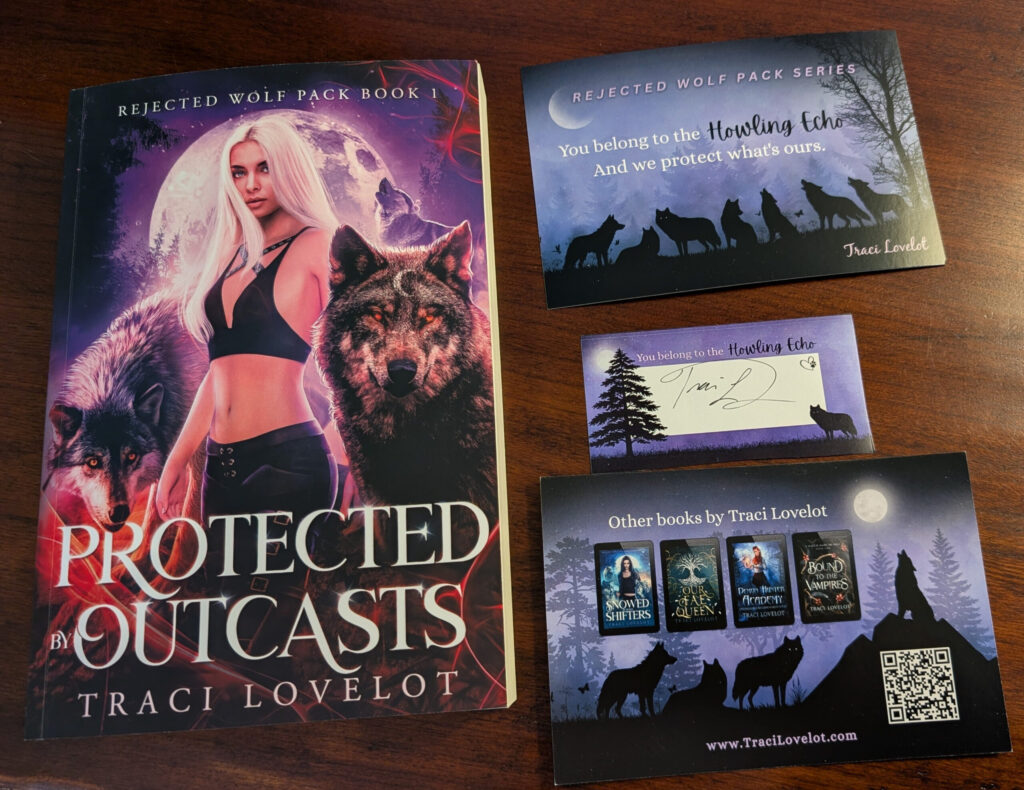 Signed Rejected Wolf Pack book plate placed inside the title page of Protected by Outcasts, creating a signed collector's edition