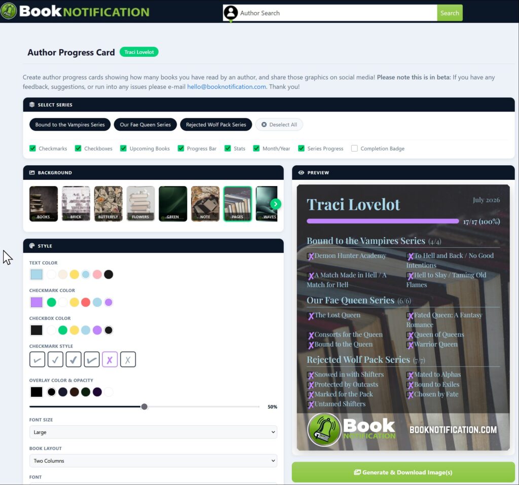  A Book Notification Author Progress Card showing Traci Lovelot’s books marked as read with progress bars and a 100% completion badge