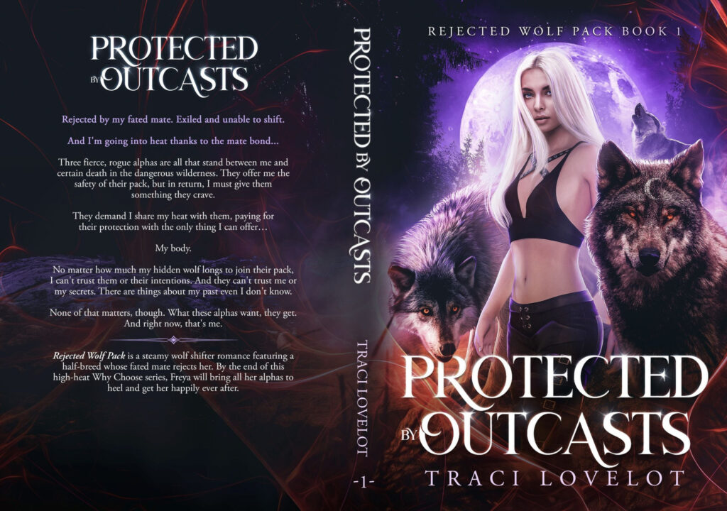 The current Protected by Outcasts paperback wrap, with Freya and her wolves under a purple moon on the front